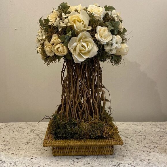 Vntage Floral Arrangement Centerpiece White Roses Twigs - Picture 2 of 5